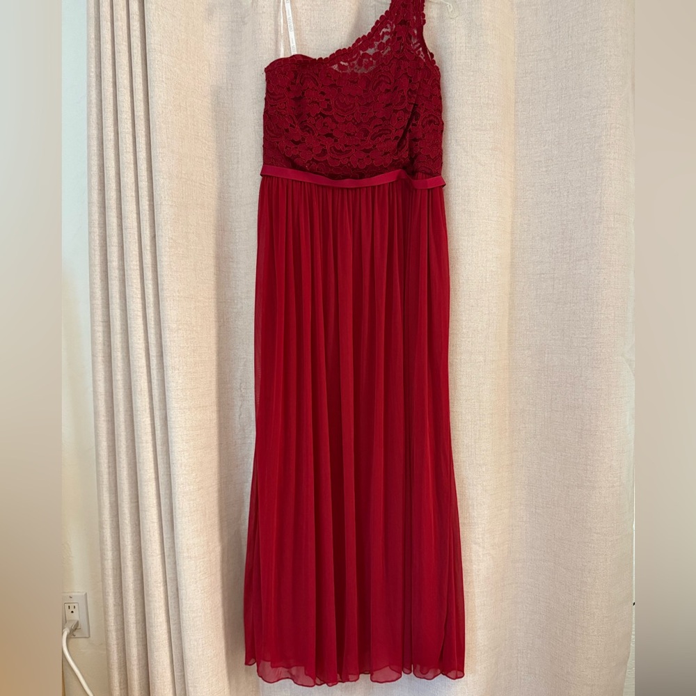 David’s Bridal Red Lace Chiffon One-Shoulder Gown